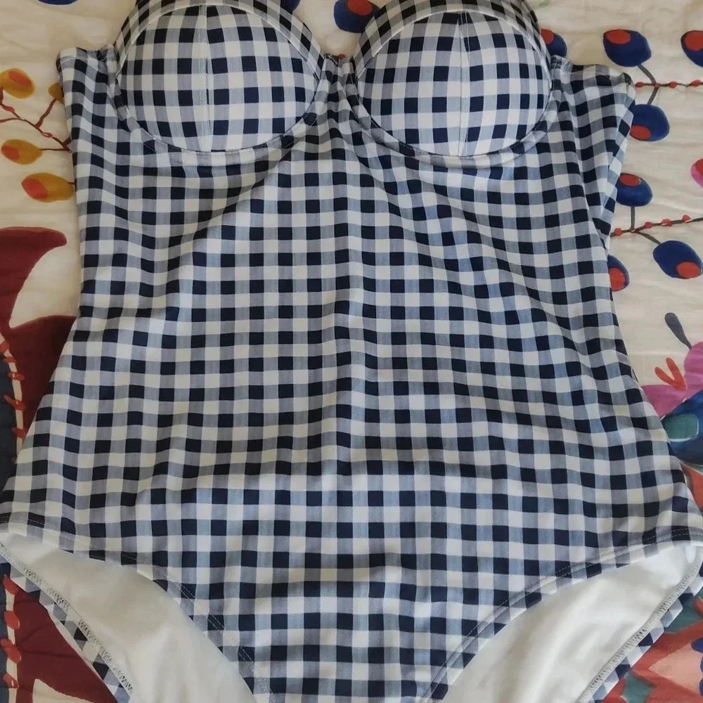 Gap One piece swimsuit molded bandeau blue gingham M - Picture 4 of 4
